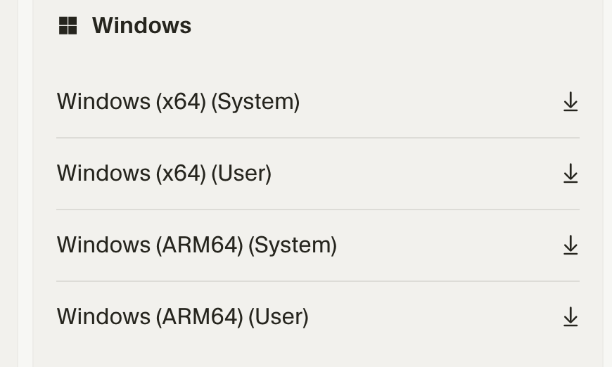 ダウンロード画面のWindowsの一覧。Windows (x64) (System)、Windows (x64) (User)、Windows (ARM64) (System)、Windows (ARM64) (User)の4つが並んでいる